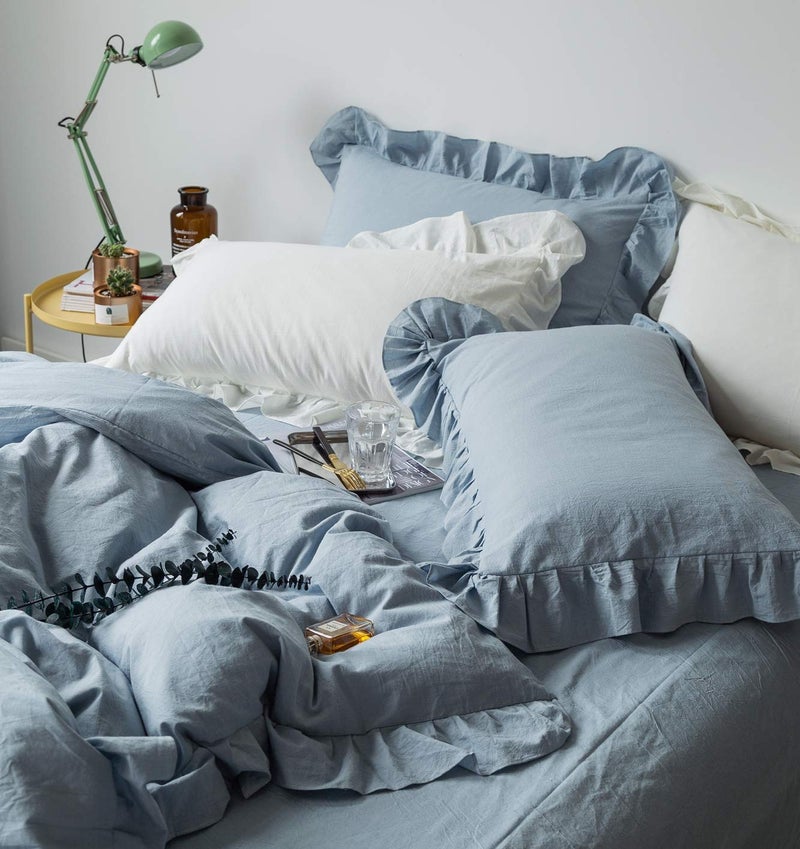 SUSYBAO Blue Ruffle Duvet Cover Queen 100% Washed Cotton Light Blue Farmhouse Duvet Cover Set 3 Pieces 1 Blue Princess Duvet Cover with Zipper Ties 2 Pillow Shams Luxury Soft Shabby Chic Bedding Set - Image 4